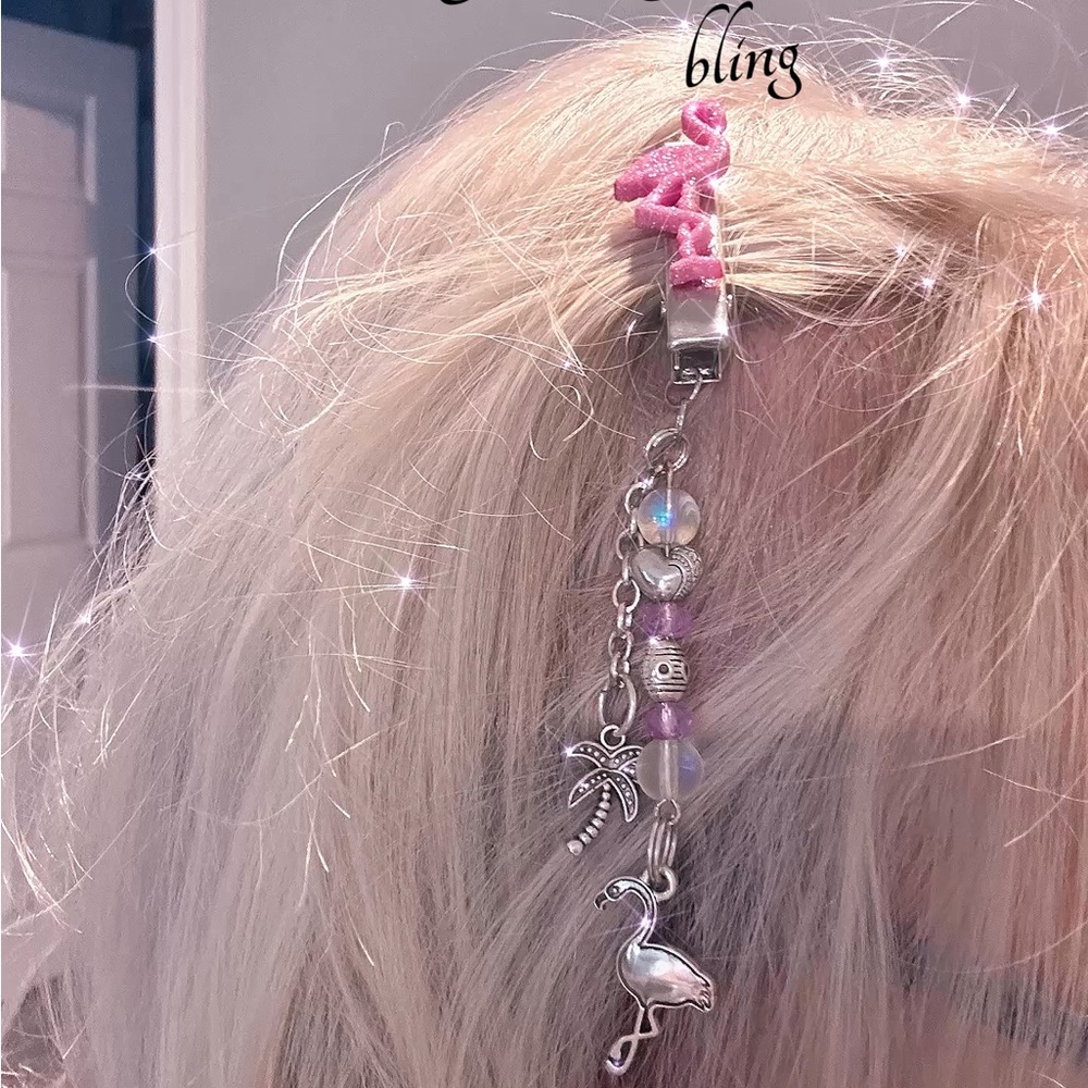 Pink Hair Clip with Charms flamingo beaded bling hair